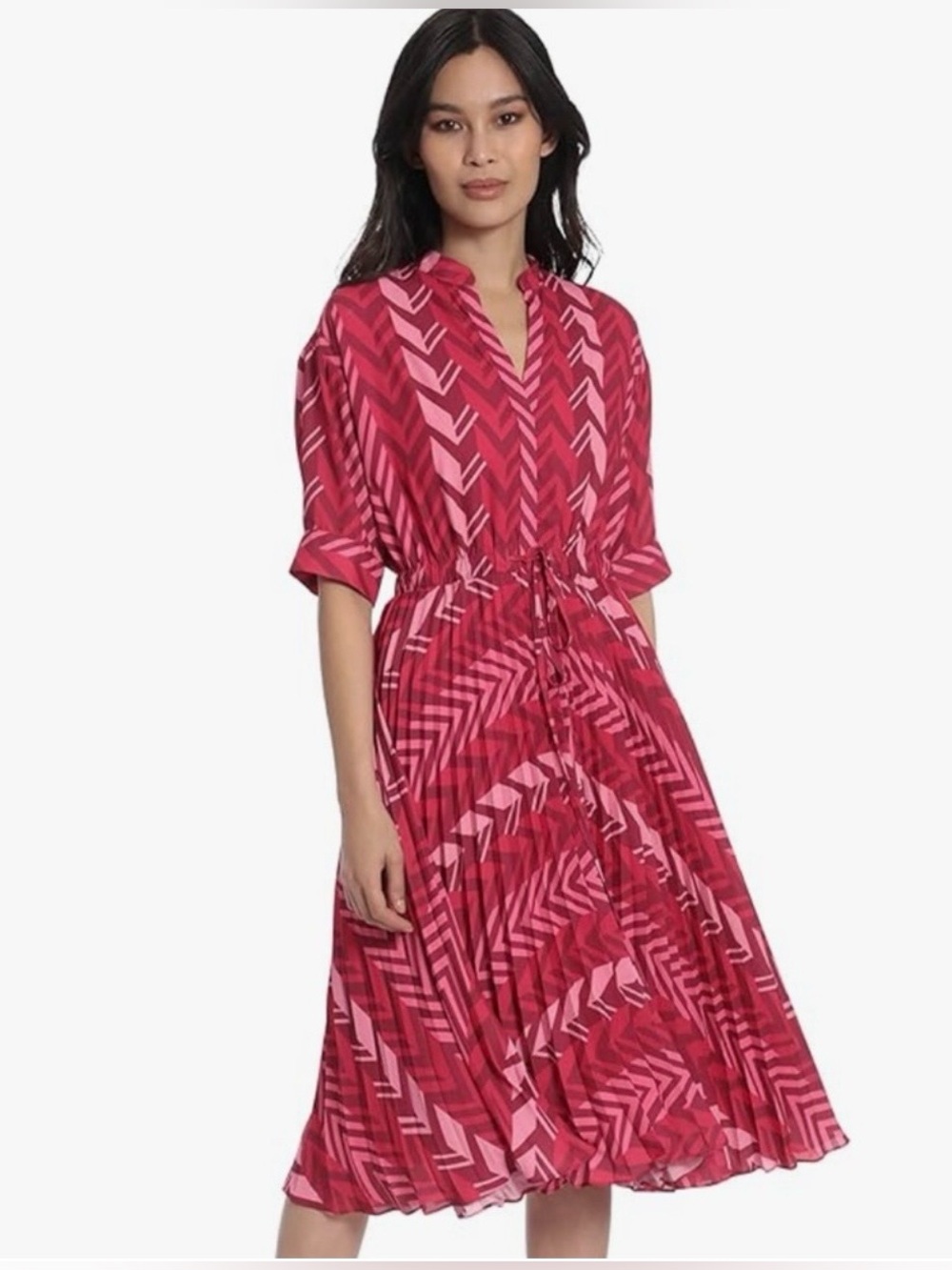 Express Pink Chevron Midi Dress with Drawstring Waist